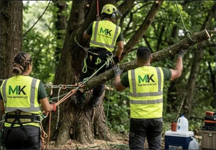 MK Tree & Landscape Services crew safely lowering a large tree limb in Raleigh, NC